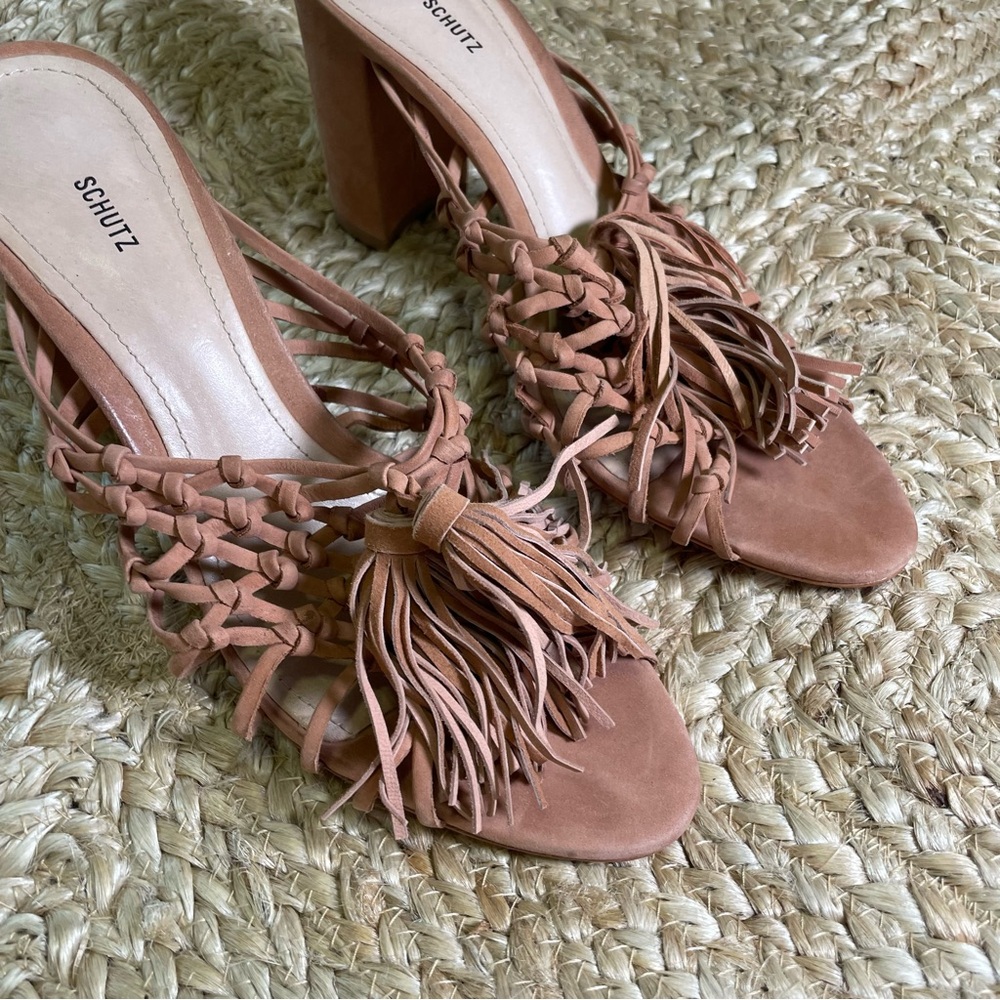 NEW Schutz Suede Crisscross tassels knots Tan Heel Sandal size 8.5